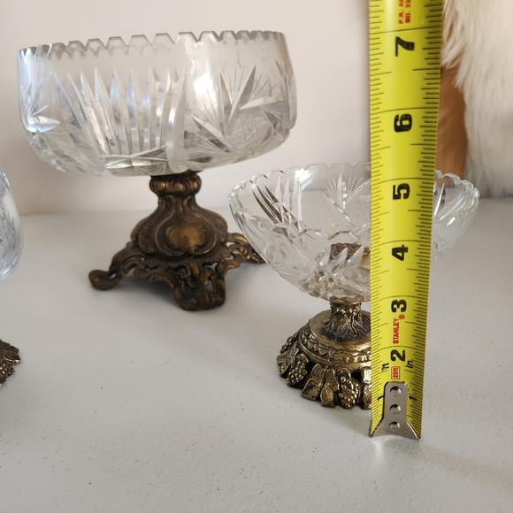 Vintage Mid Century Crystal Brass Pedestal Compote Bowl Lot Of 3 Glass Ornate - Picture 10 of 13